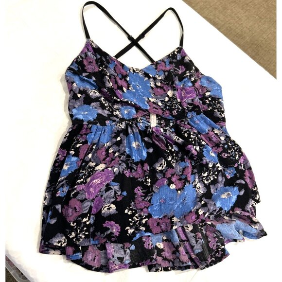 Free People Womens Top M Purple Boho Some Like‎ It Hot Floral Cut Out Strappy - Picture 9 of 14